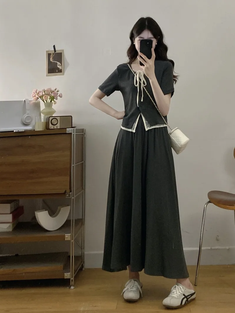 

plus Size Summer New High End Lace Splicing Short Sleeve Top Half Skirt Slimming Set Breathable Casual Style Women's Ensemble