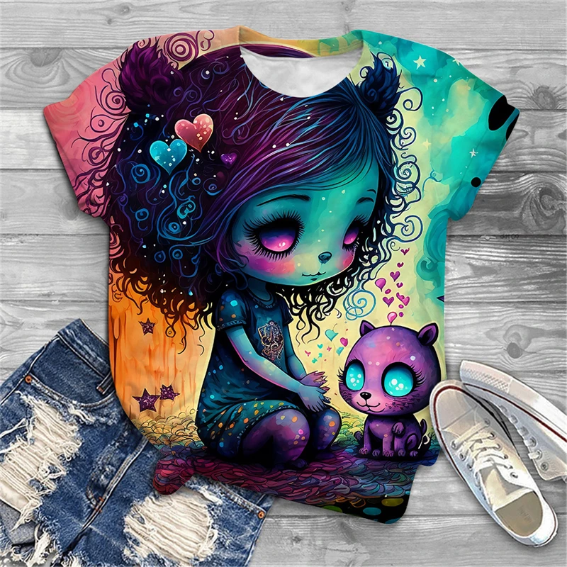 T-shirt à motif de fleurs brillantes en 3D pour femmes, nouvelle mode de rue coréenne, col rond, manches courtes, chemise décontractée imprimée, été 2023