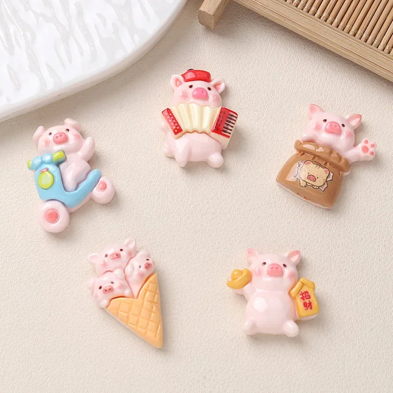 5pcs Cartoon Diy Resin Accessories Jewelry Lucky Pig Resin Flatback Handmade Hairpin Mobile Phone Case Shoe Buckle Accessories