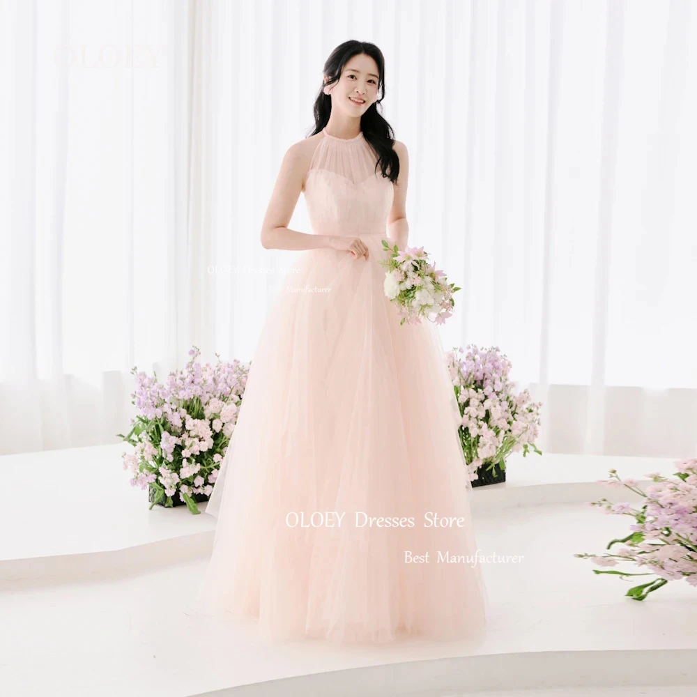 OLOEY Elegantes A-Linie Korea Rosa Hochzeitskleid Fotoshooting Neckholder Seidiger Tüll Individuelles Brautkleid Bodenlanges Abschlussball-Partykleid