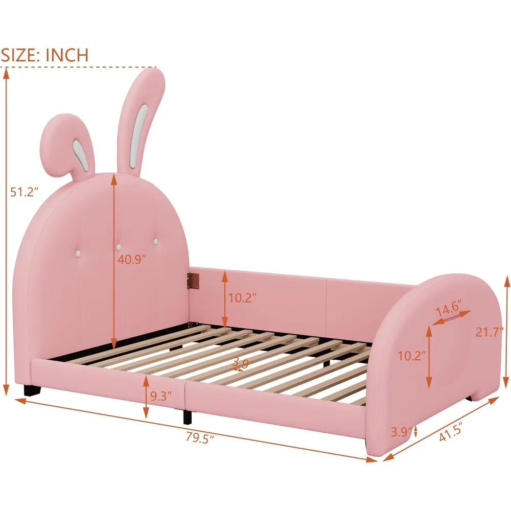 Twin Size Bed Frame with Headboard & Footboard, For Boys Girls Kids Adults Toddler, Upholstered Rabbit Shape Princess Bed Frame