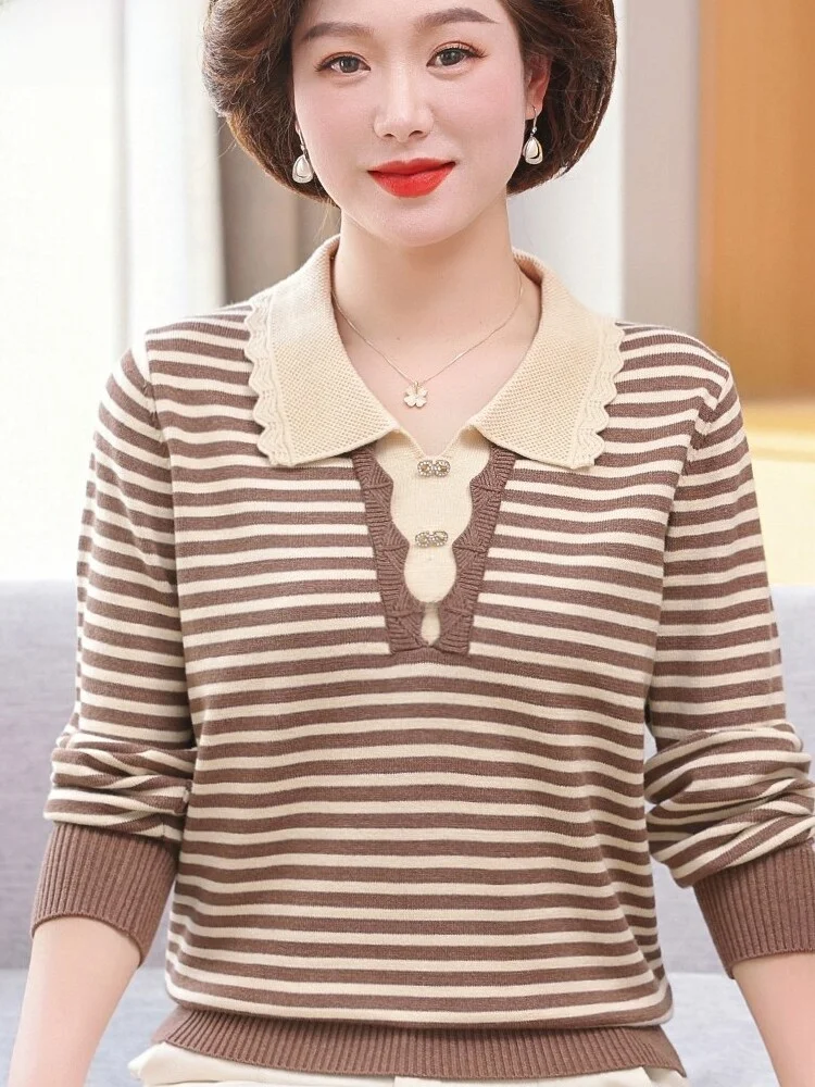 

Весенняя модная полосатая свободная женская футболка, вязаный свитер больших размеров, верхняя одежда для женщин среднего и старшего возраста