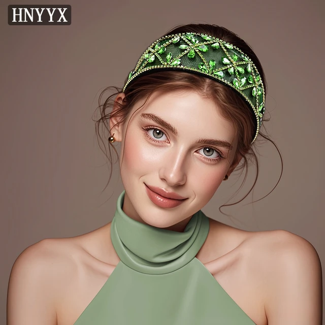 HNYYX elegancka kryształowe akcesoria do włosów zielona barokowa opaska na głowę dla kobiet wesele Rhinestone Hairhoop A30