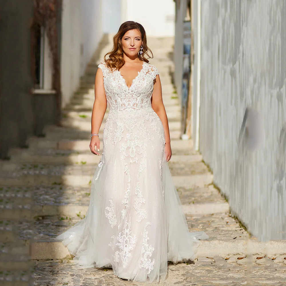 Exquisitos vestidos De novia De talla grande, tul con apliques De encaje, cuello en V, Espalda descubierta, Mangas De casquillo, Vestido De sirena