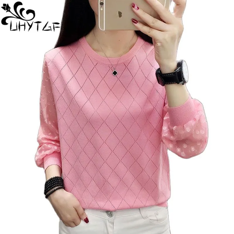 

UHYTGF Sweater Ladies Long Sleeve Pullover Thin Cashmere Sweater Women Chiffon Lace Splice Knitted Spring Autumn Tops Female2250