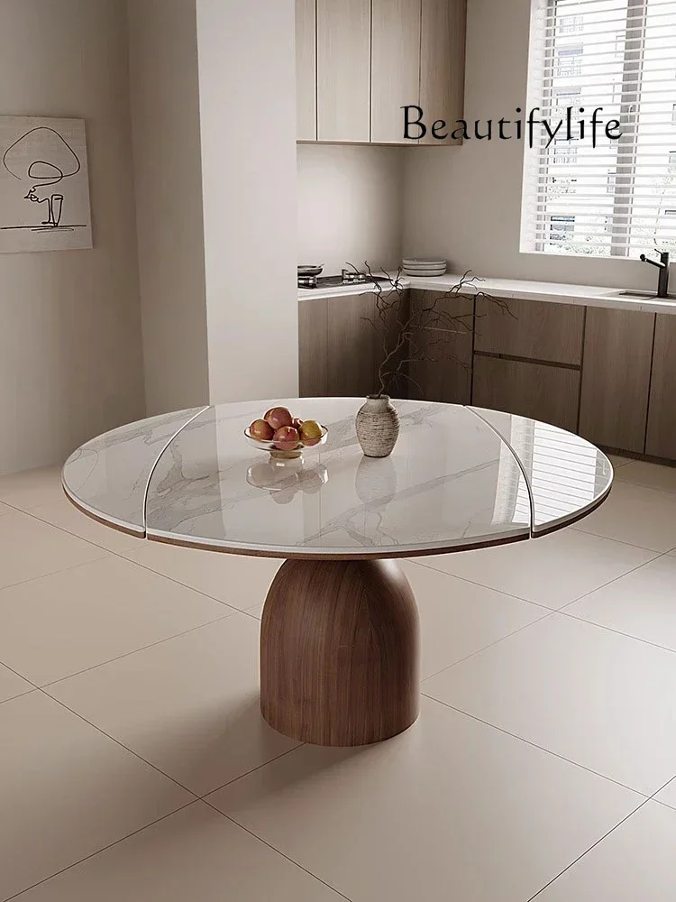 Medieval retractable rock slab round dining table  retro dual-purpose folding small apartment solid wood dining table and chairs