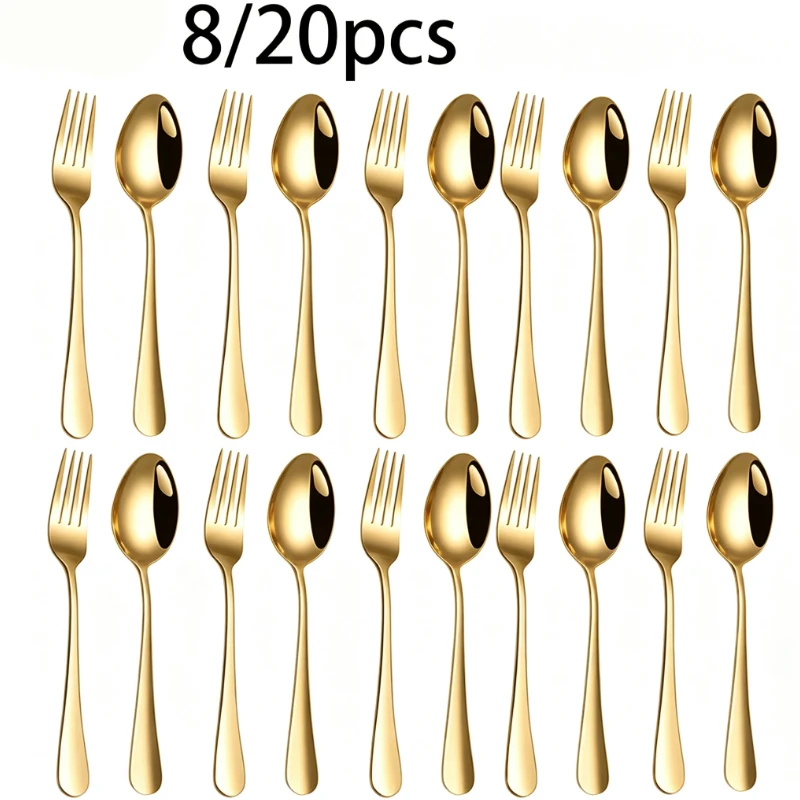 Ensemble de vaisselle en acier inoxydable 1010 de haute qualité, vaisselle dorée pour la cuisine, la restauration et l'hôtellerie, 8/20 pièces