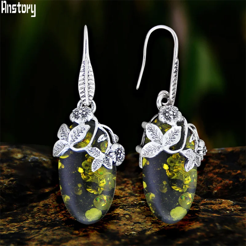 Vintage Eye Shape Simulated Ambers Flower Earrings For Women Antique Silver Plated Leaf Plant Fashion Earring