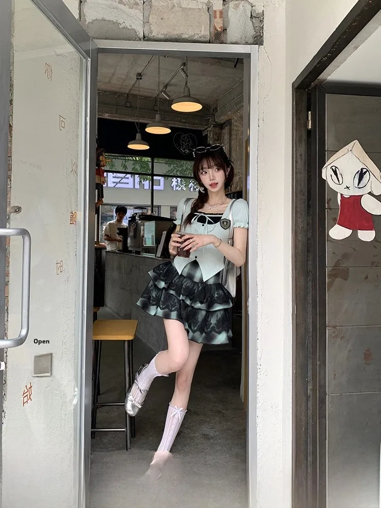 

Women's Summer Fashion Set Short Skirt A-Line Bubble Sleeve Top And Bottoms College Style Two-Piece Ensemble Black Mint
