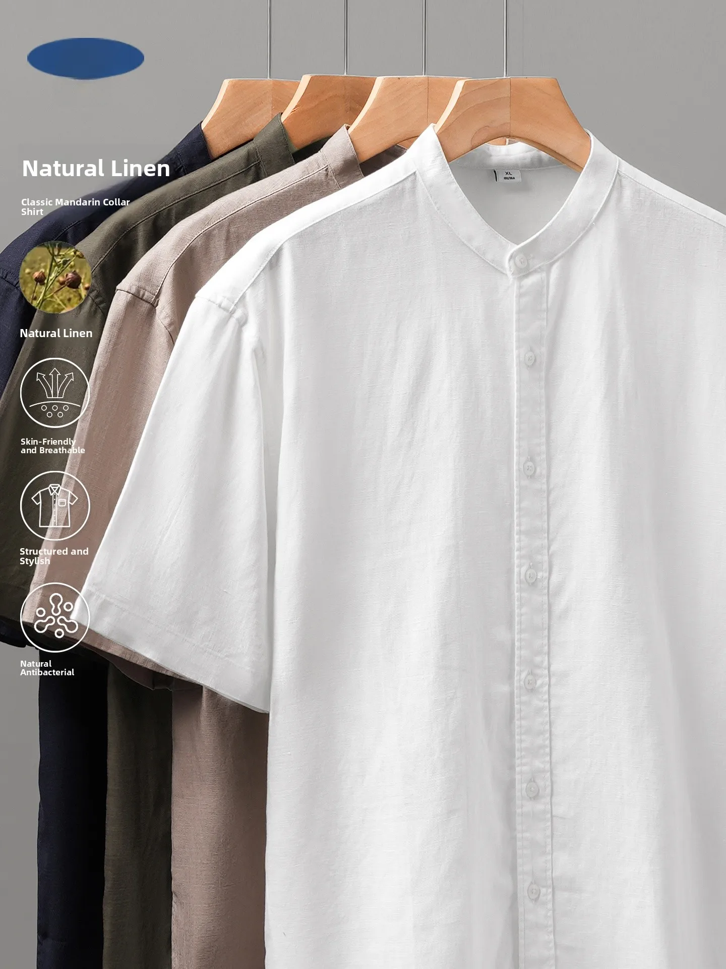 

Loose Fit Linen Shirt Men's Short Sleeve Summer Breathable White Cotton Linen Shirt Stand Collar Henry Style Casual Wear