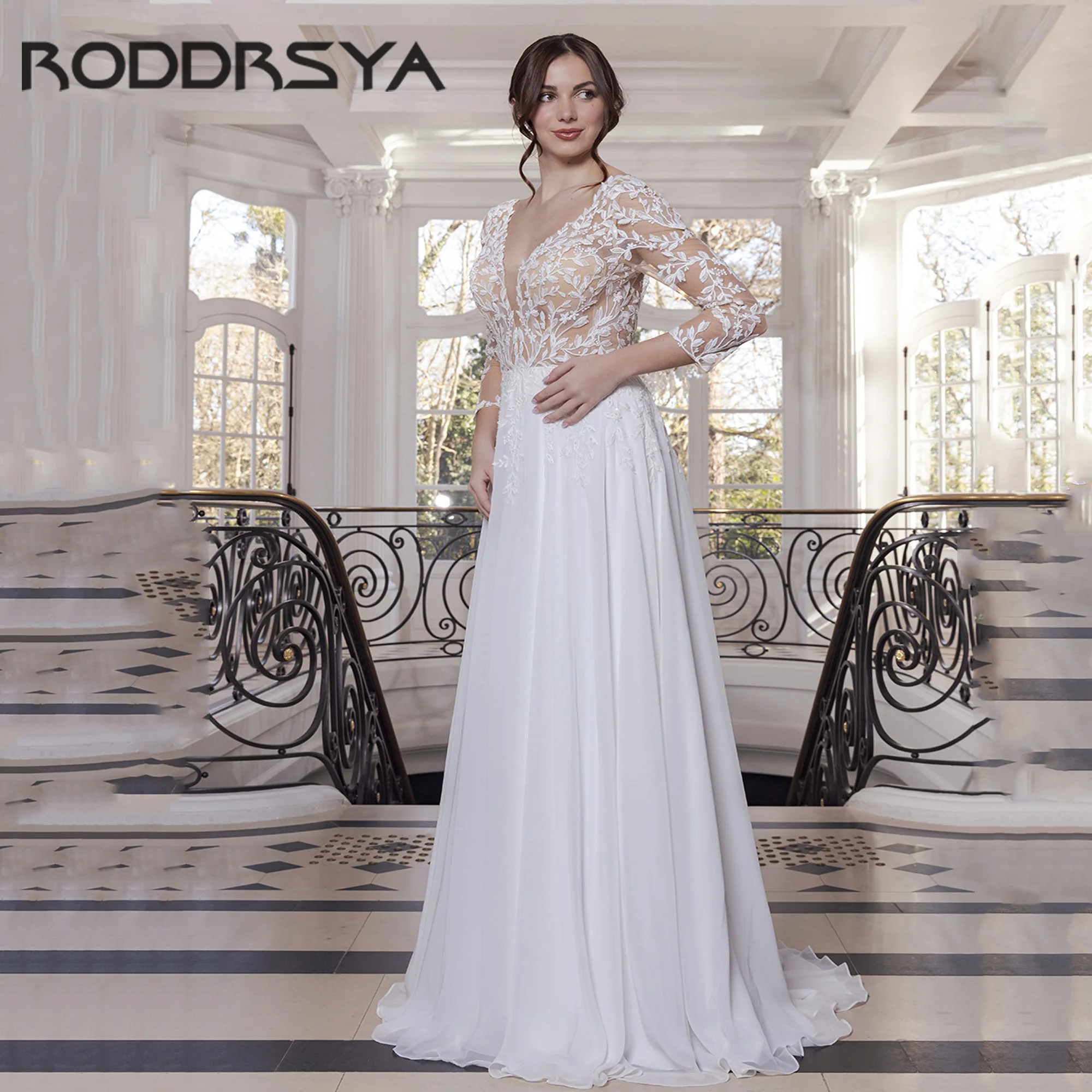 

RODDRSYA Long sleeves Sexy Luxury Wedding Dress V-Neck Applique Bride Gowns For Women Backless A line robe de mariée Customized