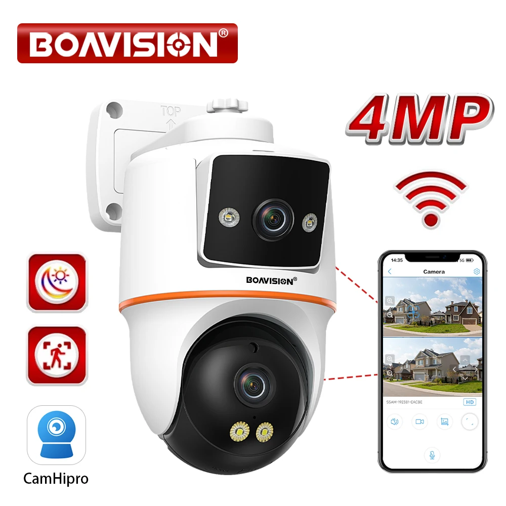 Cámara de vigilancia con Wifi para exteriores, dispositivo de seguridad con doble lente, pantalla Dual PTZ, detección humana IA, seguimiento automático, Audio bidireccional, 4MP