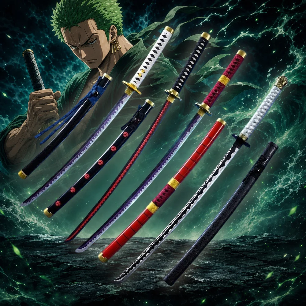 Espada Katana de 40 pulgadas (101 cm) de One Piece, Zoro, Wado Sandai, Kitetsu, Enma, Shusui, con hoja de madera de bambú, estilo samurái japonés, accesorio de cosplay de anime, set surtido de tres espadas de tamaño real, regalo para otaku, juguete de exhibición, cuchillo ninja, Schwert