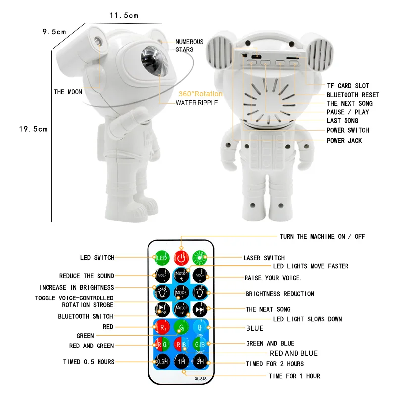 Astronaut Star Projector Night Light With Bluetooth Speaker 360°Adjustable Remote Control Nebula Galaxy Lighting for Kids Adults