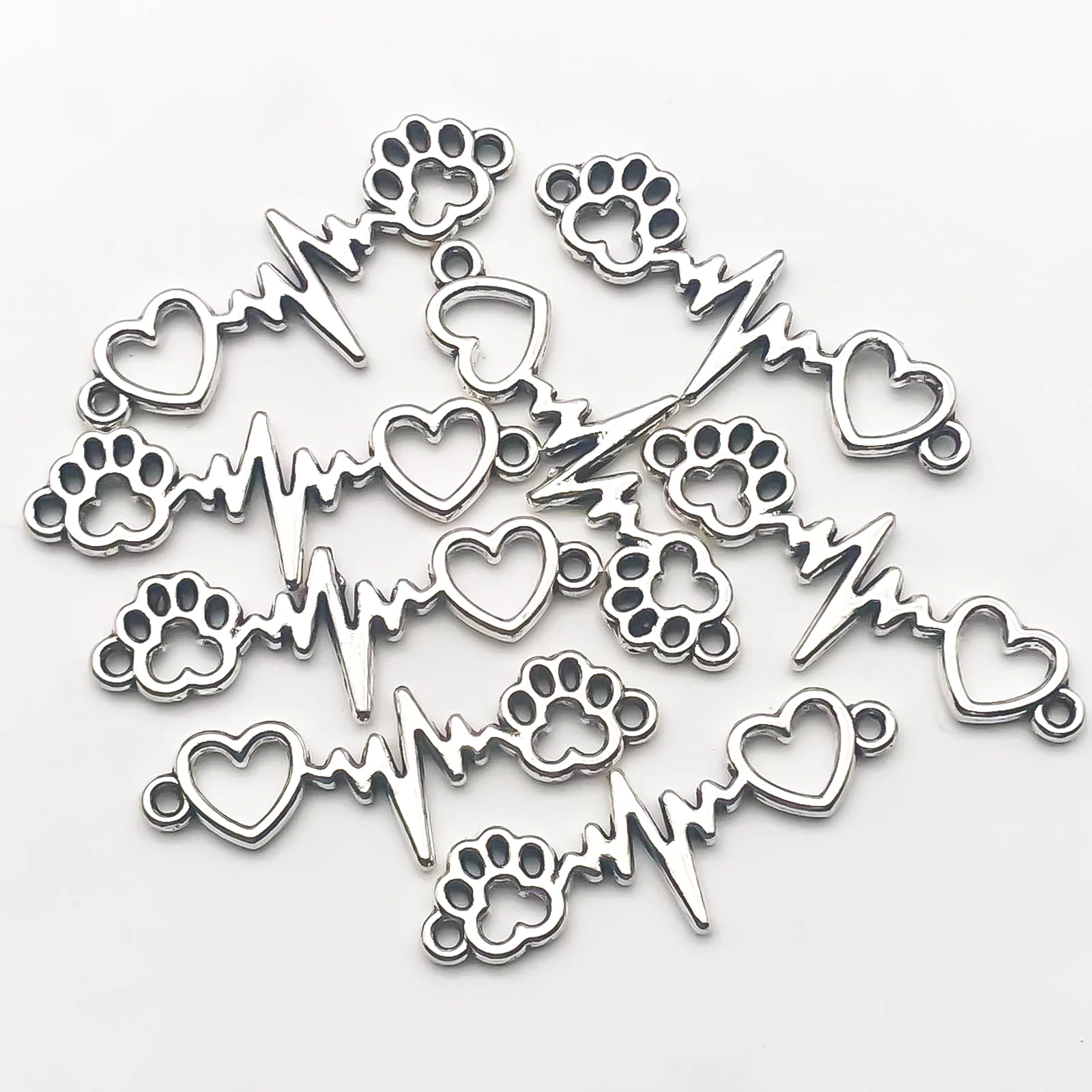 10/20/30pcs Antique Silvery Color Charms Dog Claw Love Heartbeat Double Hole Connector Charms For Jewelry Making Bracelets