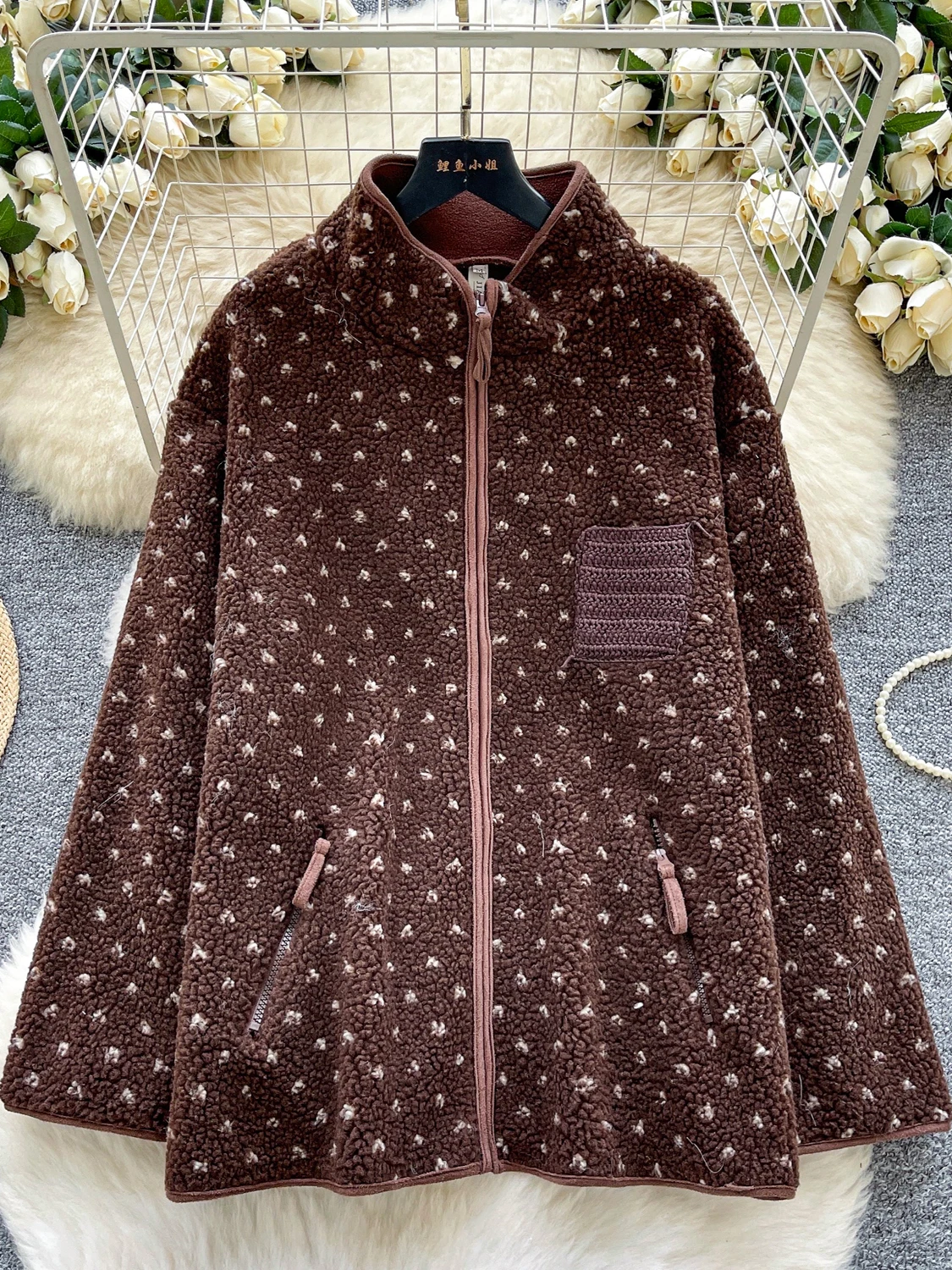 Coreano Sle Thiened Caldo Pelliccia di Agnello Jaet delle Donne Allentato Lavorato a Maglia Patchwork Piccolo ket Top A Righe Faionable Tuta Sportiva