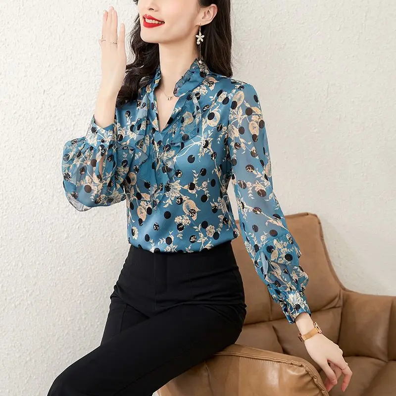 Commute Vintage Printed Polka Dot Blouse Stylish Ruffles Spliced Women\'s Clothing Elegant V-Neck Spring Long Sleeve Shirt 2023