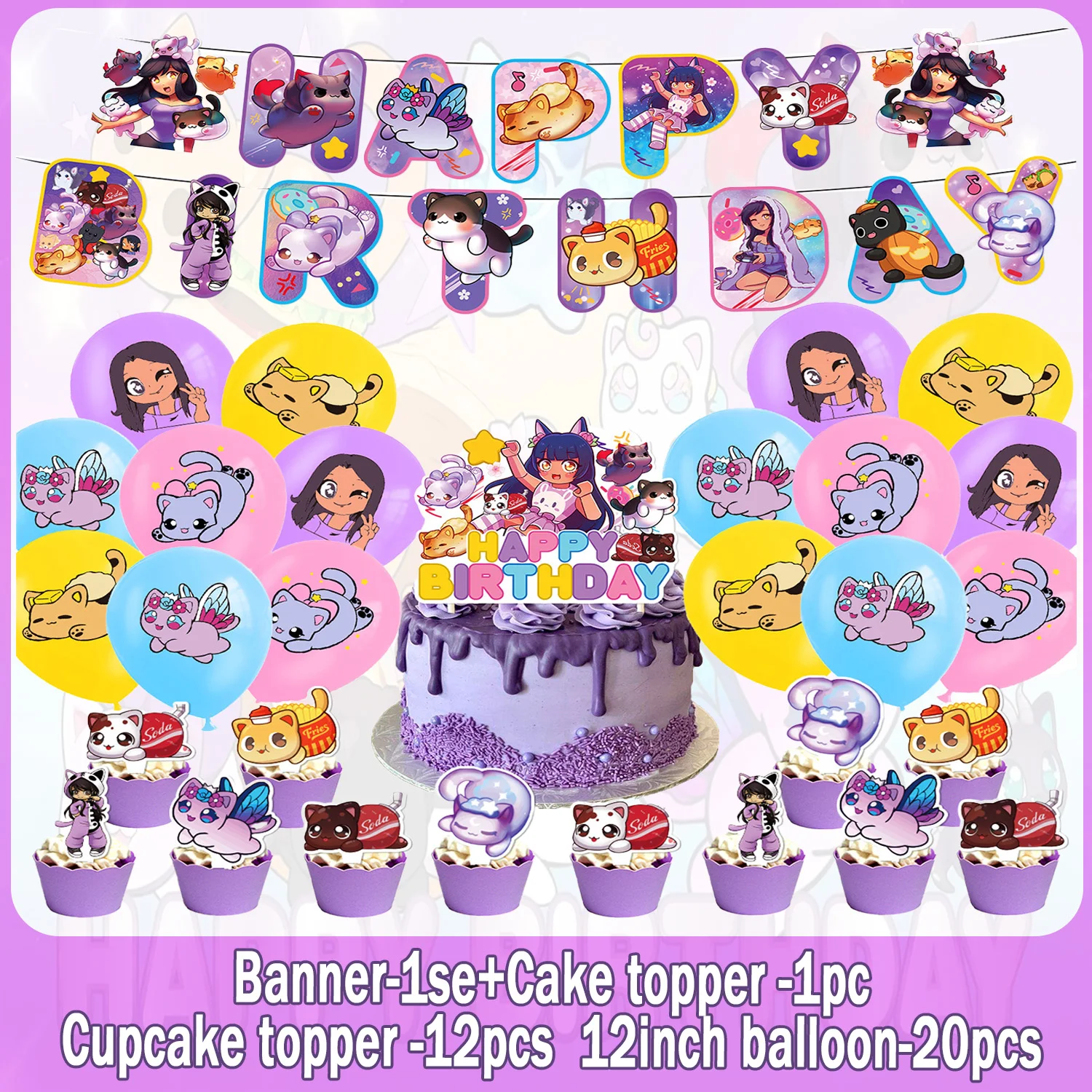 Niedliches Aphmau-Themen Geburtstagsparty-Dekorationsset Happy Birthday Banner Meow Cat Ballon Tortendekoration Kinder Mädchen Geburtstagsparty-Zubehör – Detail 6
