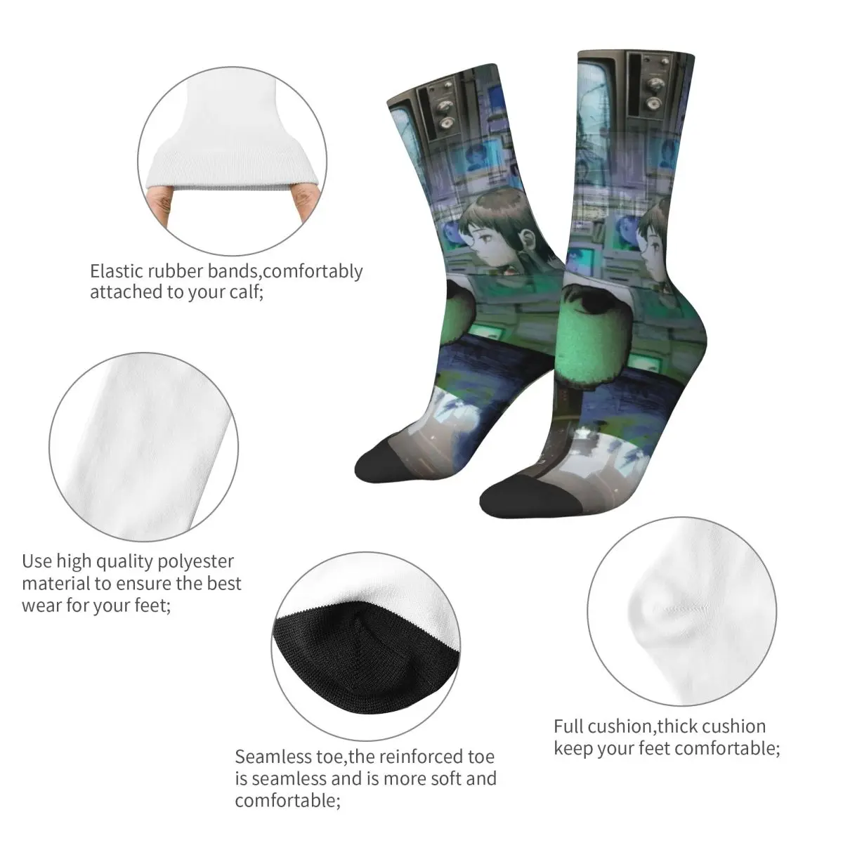 Funny Serial Experiments Lain Football Socks Polyester Crew Socks for Unisex Breathable