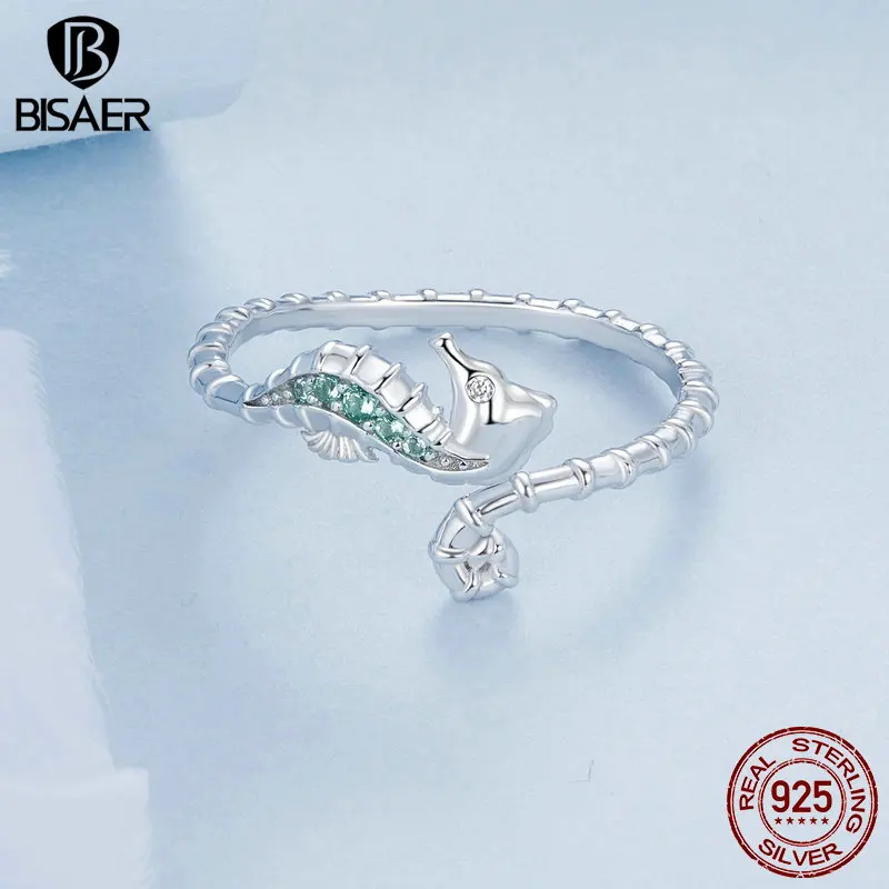 BISAER 100% 925 Sterling Silver Green Seahorse Open Ring Adjustable Size 5-9 For Women Beach Party Fine Jewelry Holiday Gift