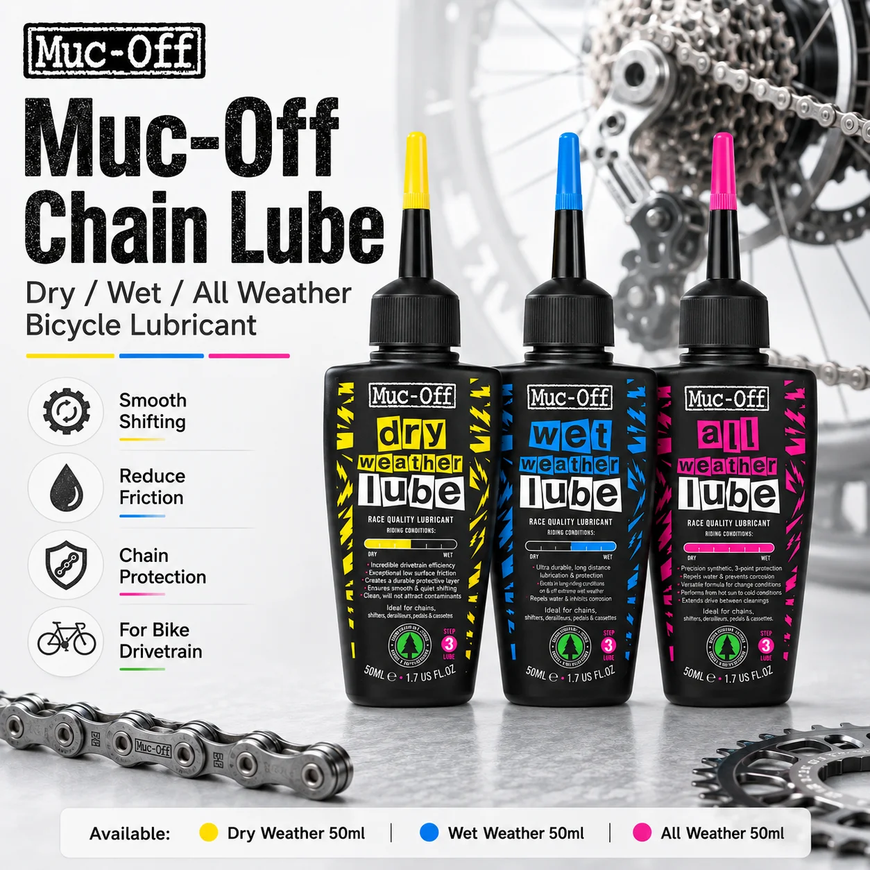 Muc-Off Chain Lube 50ml Dry Wet All Weather Bicycle Chain Oil Reduce Friction Smooth Shifting For Road MTB Bike Drivetrain