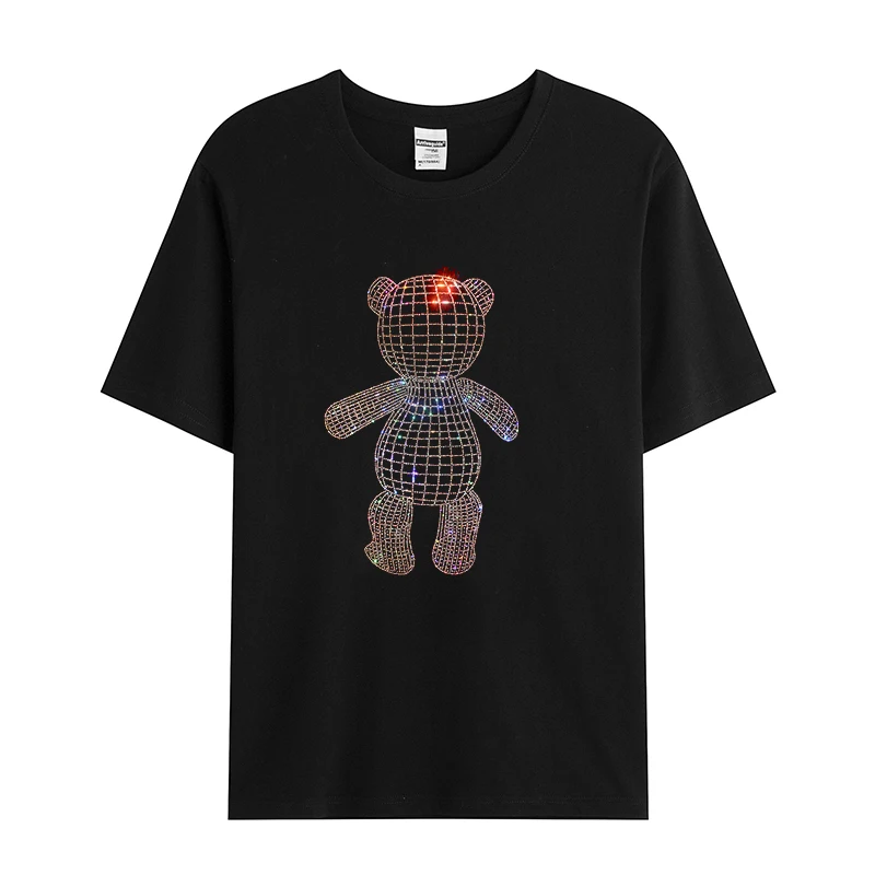 

New Bear Rhinestone hot diamond fashionable men's summer short-sleeved casual T-shirt