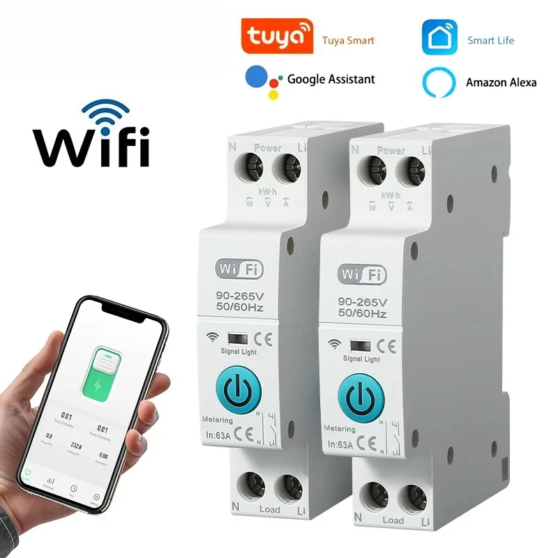 

Умный автоматический выключатель Tuya Wi-Fi MCB 1P + N 63A Таймер Мощность Энергия кВтч Измеритель напряжения и тока Защитный голосовой переключатель дистанционного управления