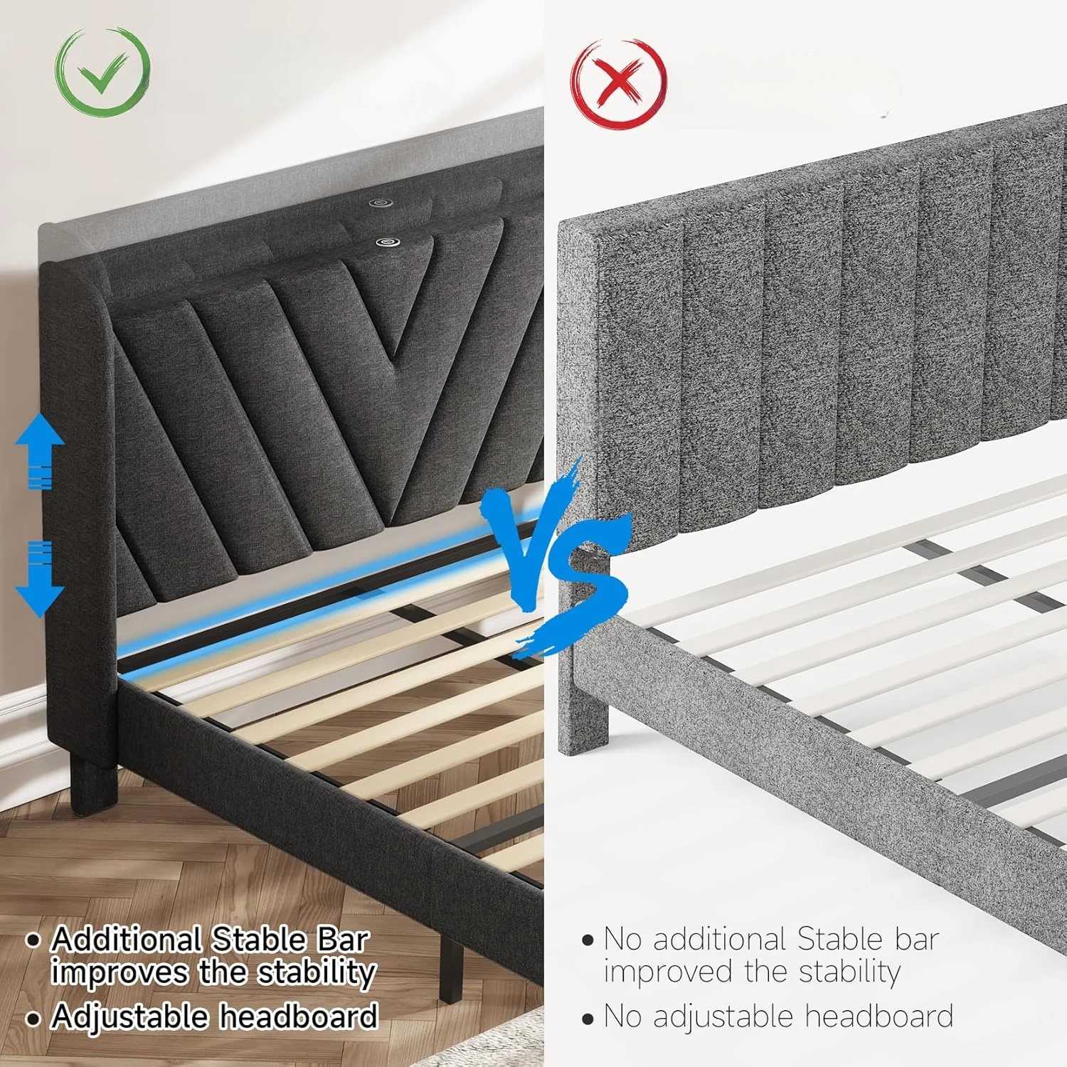 Verstelbare Gedempte Platform Bedframe Met Type-C En Usb-Poorten, Opslag Hoofdeinde, Geen Boxsprings Nodig, Donkergrijs