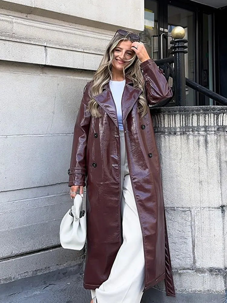 Women Autumn Wine Red Leather Overcoats Fashion Lapel Double-breasted Pockets With Belt Coat 2024 New Lady High Street Outwear