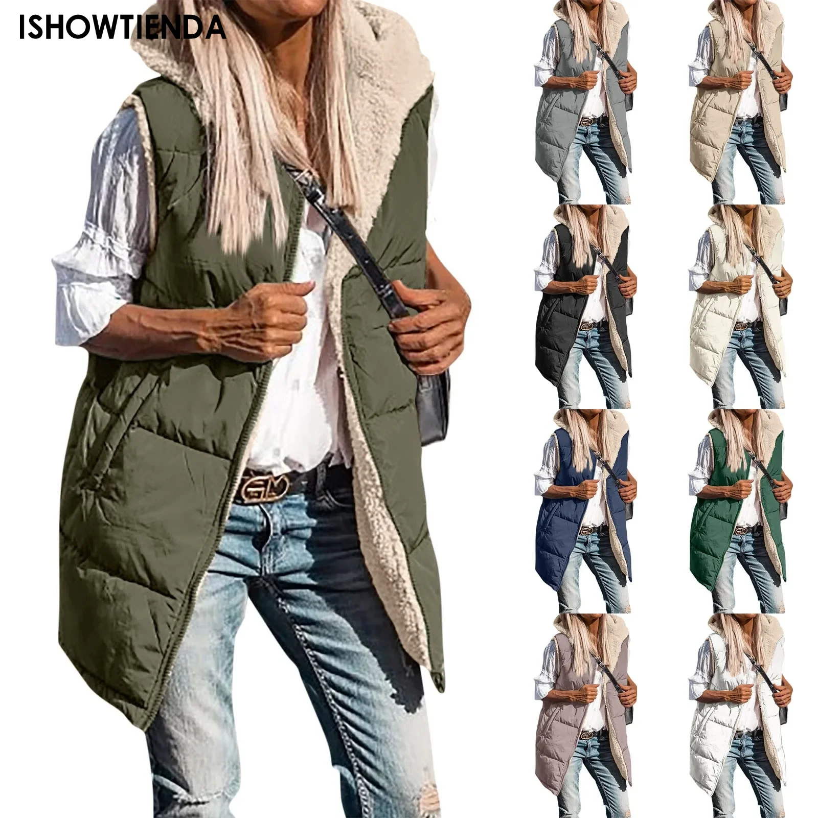 Gilet invernale da donna in pile con cappuccio reversibile senza maniche giacca da donna in finta lana gilet moda Street abbigliamento donna giacca