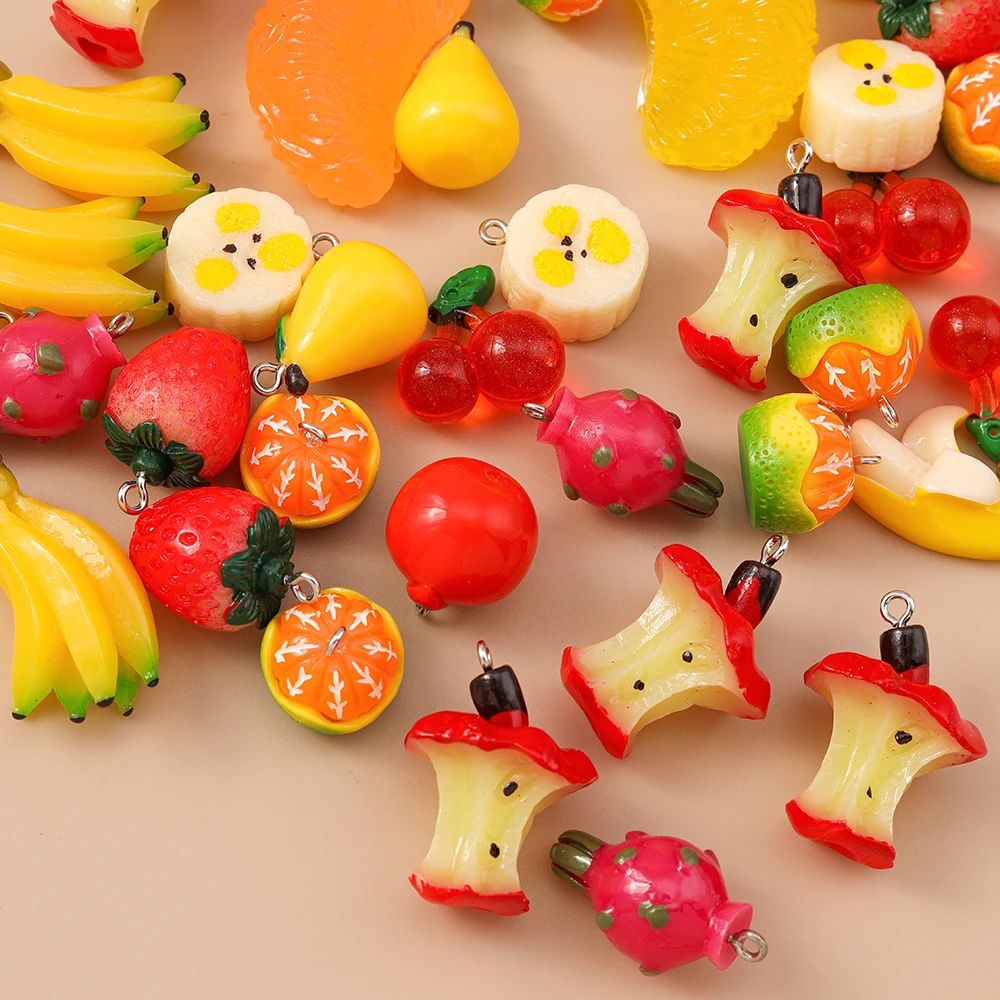 Leslie 10pcs Cute Resin 3d Fruit Apple Banana Mango Orange Cherry Strawberry Charms for Jewelry Making DIY Earrings Key Chains