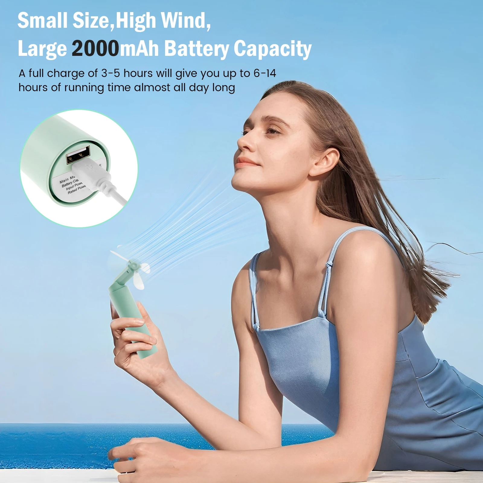 New Portable Fan 2000mah Handheld Mini Fan Usb Rechargeable Silent Small Fan Lightweight Handheld Small Fan With Lanyard