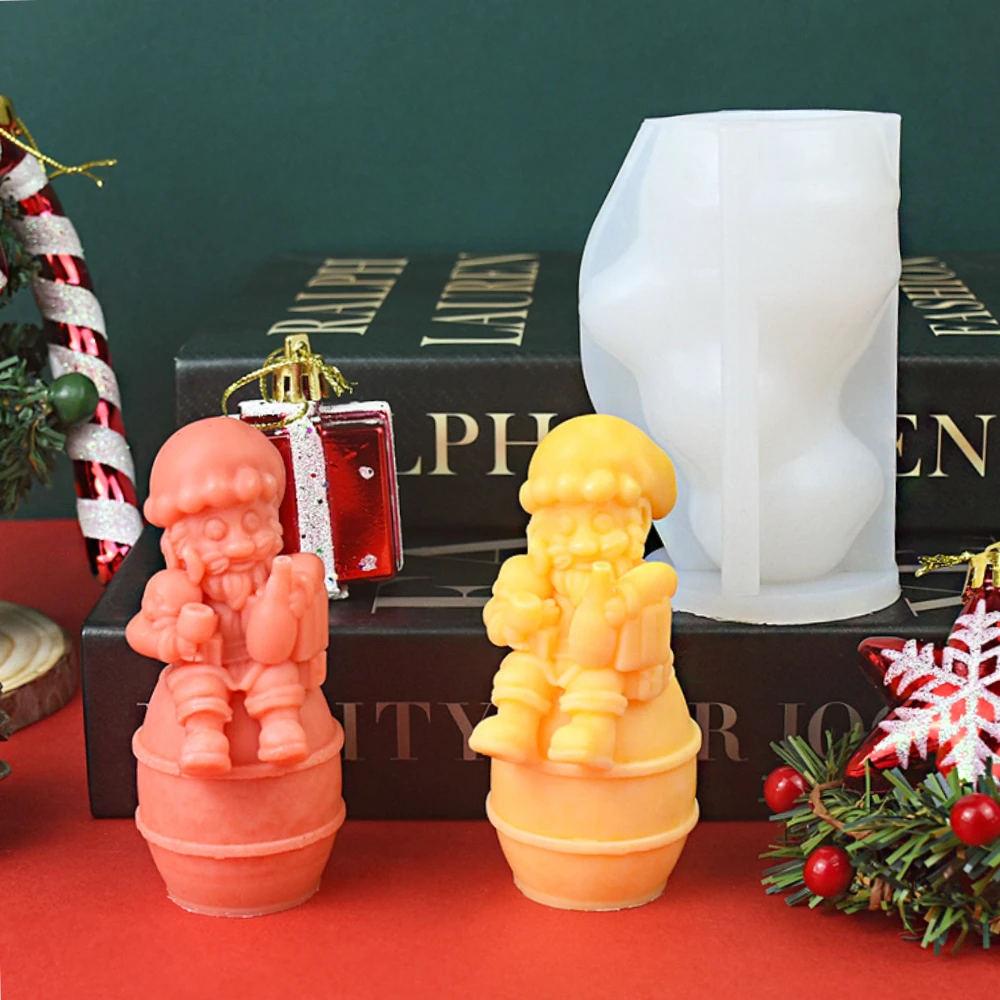 Cask Sitting Cartoon Santa gesso Doll Decor barba bere anziani stampo per candele in Silicone giorno di natale regalo al cioccolato artigianato umano