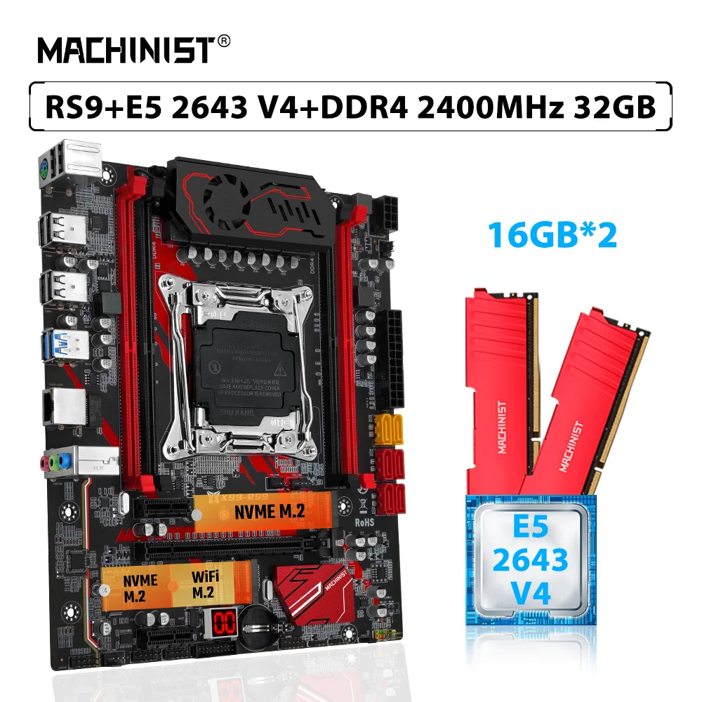 MACHINIST X99 RS9 Set Motherboard Kit LGA 2011-3 Xeon E5 2643 V4 Processor CPU RAM DDR4 32GB(2*16GB) 2400MHz ECC Memory M.2 NVME