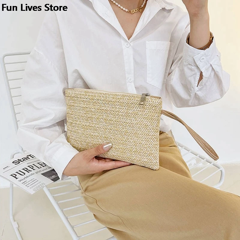 Straw Beach Bag Vintage Handmade Woven Shoulder Bag Raffia Square Rattan Purse Bohemian Summer Vacation Casual Bags Large Wallet