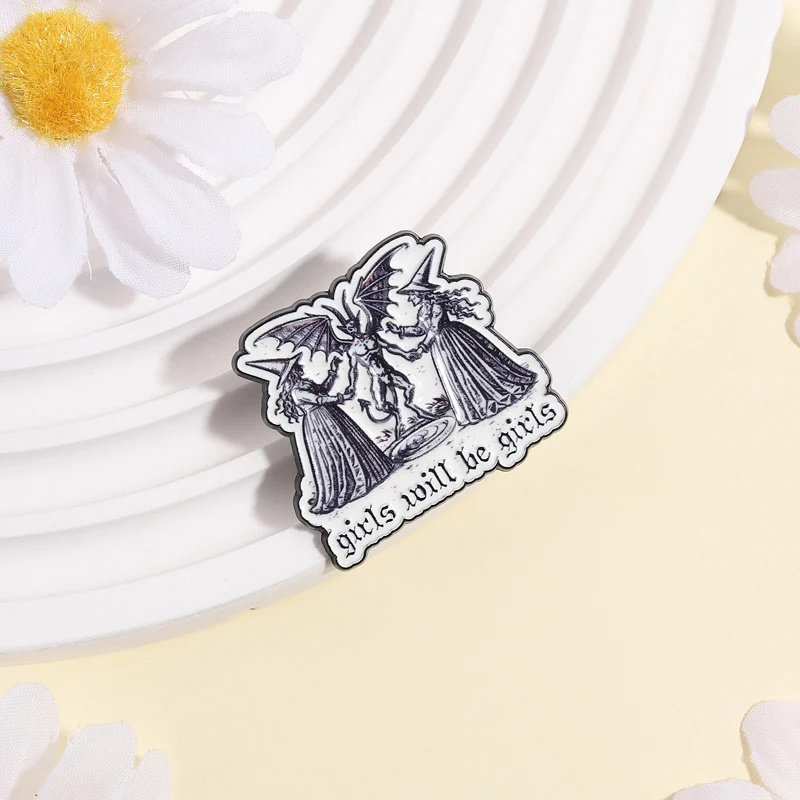 Girls Will Be Girls Feminist Brooch Enamel Pins Funny Witch & Satan Brooches Backpack Lapel Badge Punk Jewelry Gift for Friends