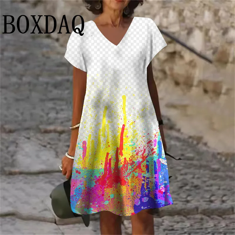 Fashion Tie Dye Dress Colorful Gradient Floral 3D Printed Women Dress Plus Size Short Sleeve V-Neck Casual Vintage Loose Dresses