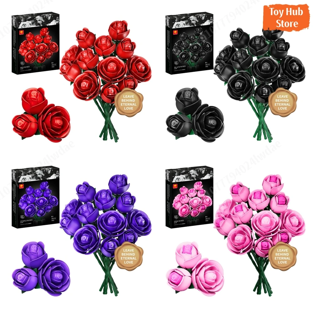 

12pcs Black Red Rose Bundle Building Blocks Model Flowers Bricks Toy Sets Desktop Ornament Valentine's Day Christmas Gifts