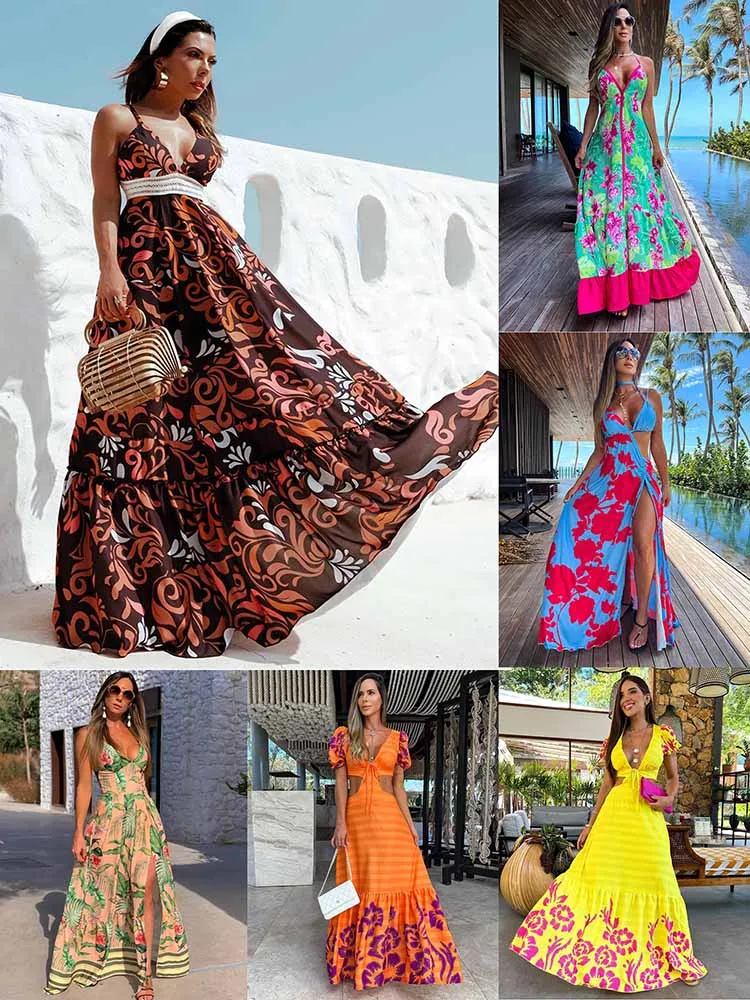 Sexy Boho Printed Long Dress Women Lace Up Backless Summer Dresses V-Neck Bodycon Female Clothing Straps Party Beach Vestidos