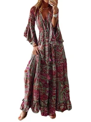 Floral Women's Long Dress For Autumn New Bell-sleeved High-waist Printed Deep V-neck Dress Oversized Casual Resort Style Dress