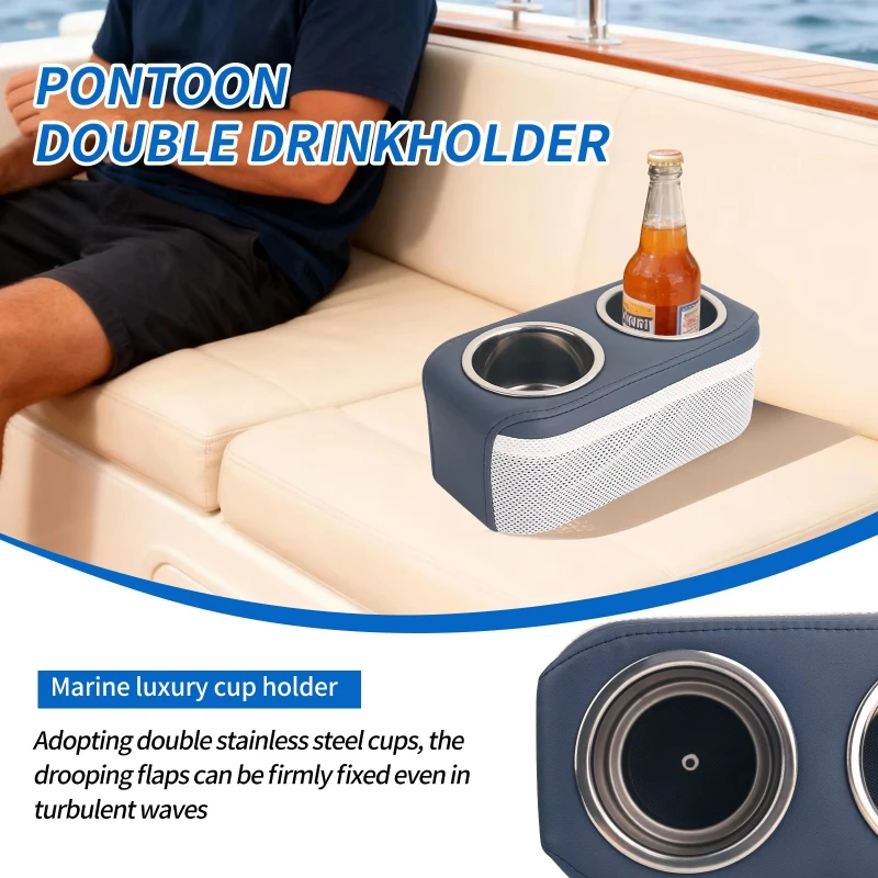 Portable Double Boat Cup Holder - Stainless Steel Beverage Holder with Mesh Pocket for Pontoons, Yachts, RVs and Home Sofas