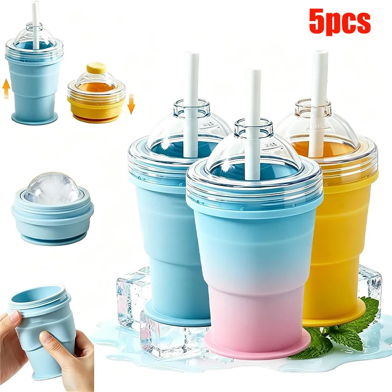 Vaso Plegable 2 en 1 para Hockey sobre Hielo, Tapa Antiderrames con Pajita, Portátil para Café, Jugo, Camping/Senderismo, Moldes de Silicona de Grado Alimenticio
