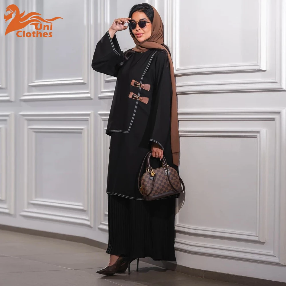 UNI femmes Robe Abaya Eid musulman bouton plissé Patchwork dubaï fête Jalabiya Ramadan robes longues robes Largo Robe arabe