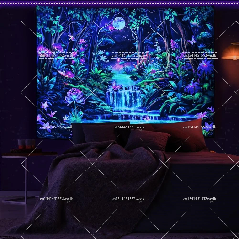 Forest Moon Blacklight Tapestry UV Reactive Neon Galaxy Space Black Light Tapestrys Glow In The Dark Wall Decor Party Backdrops