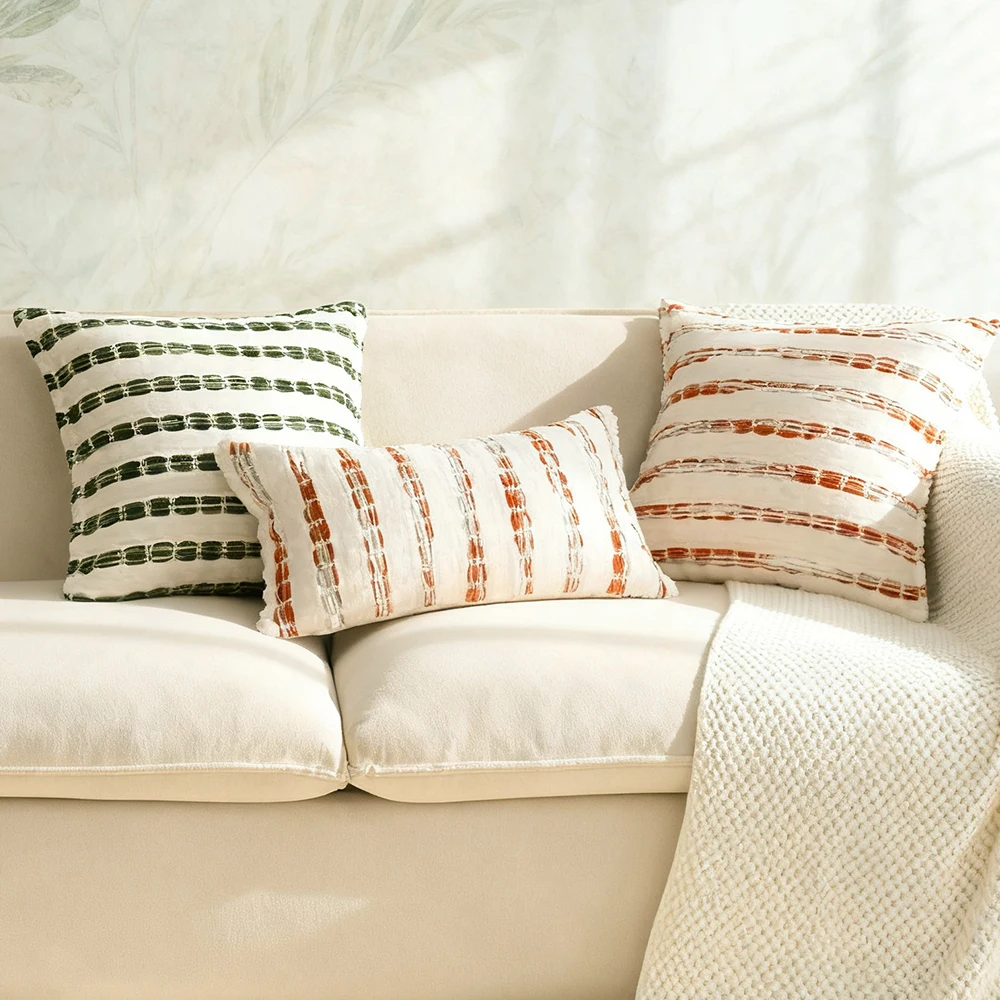 BUYNOW 1PC Yarn Dyed Green Orange Bubble Stripe Pillowcase Fresh Countryside Living Room Sofa Cushion Cover Home Bed Decor