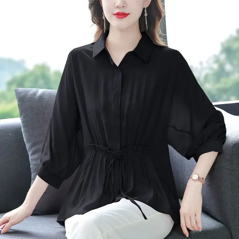 Spring Summer Commuting Women's Solid Color New Loose Fashion Shirt Single Row Multi Buckle Mid Length Version Women's Clothing