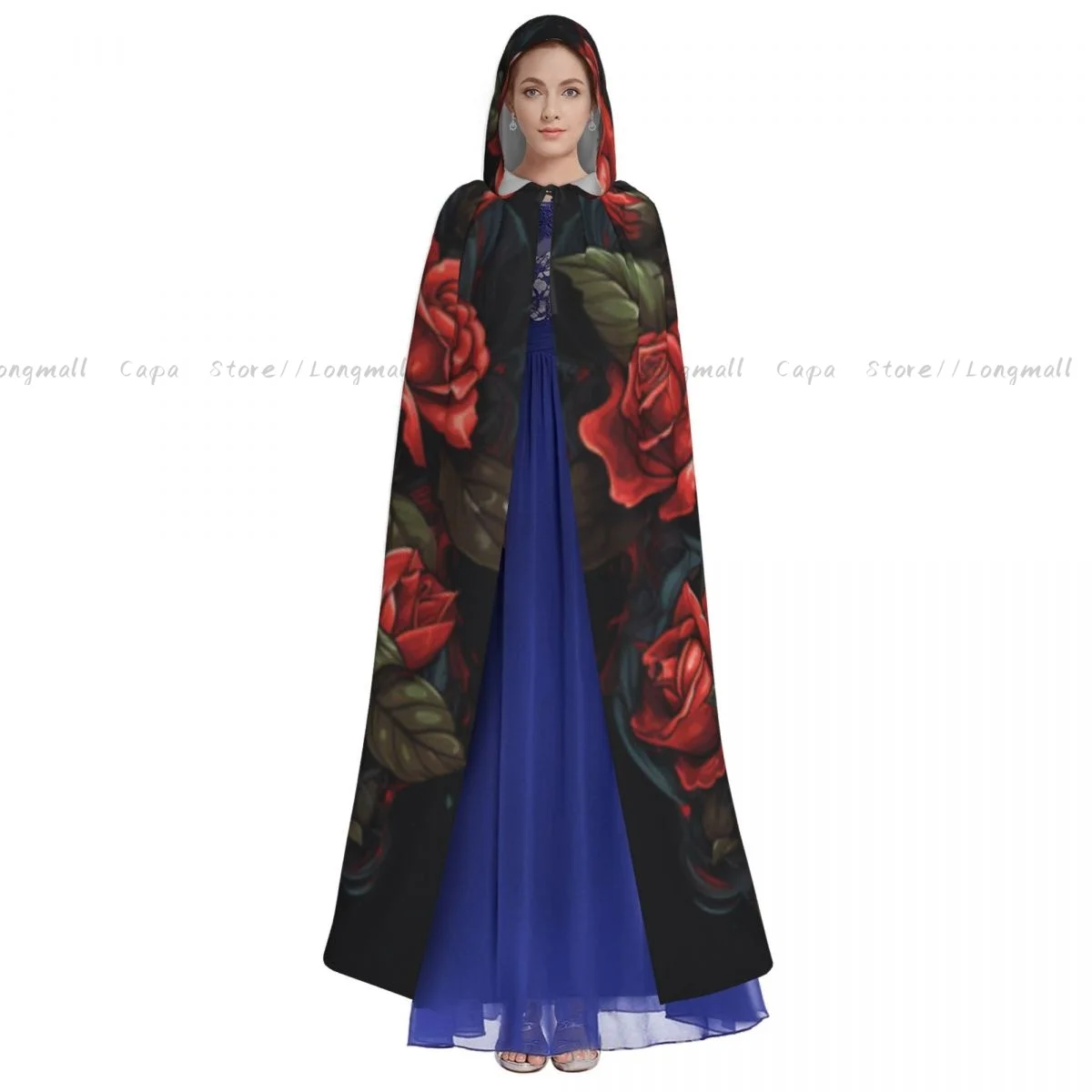 Adult Halloween Bandit Skull With Roses Illustration Cloak Cape Hooded Medieval Costume Full Length Dress Coat