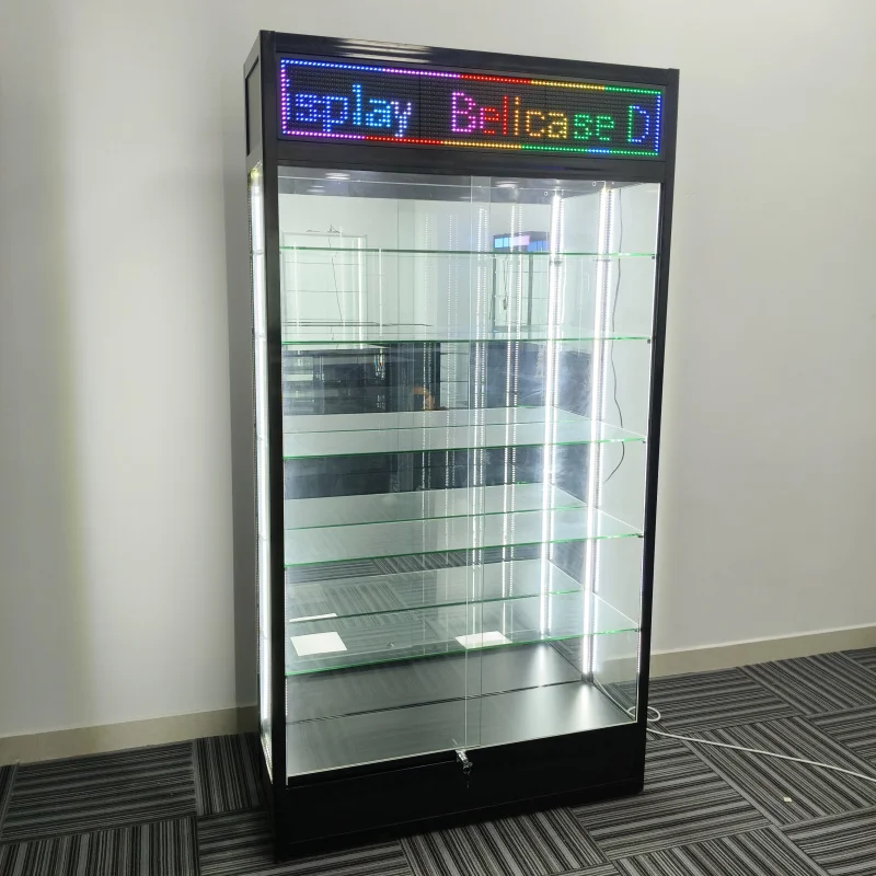 

2025customized.China Glass Display Showcase with Digital Screen Floor Standing Window Cabinet with LED Light Smoke Shop Fix