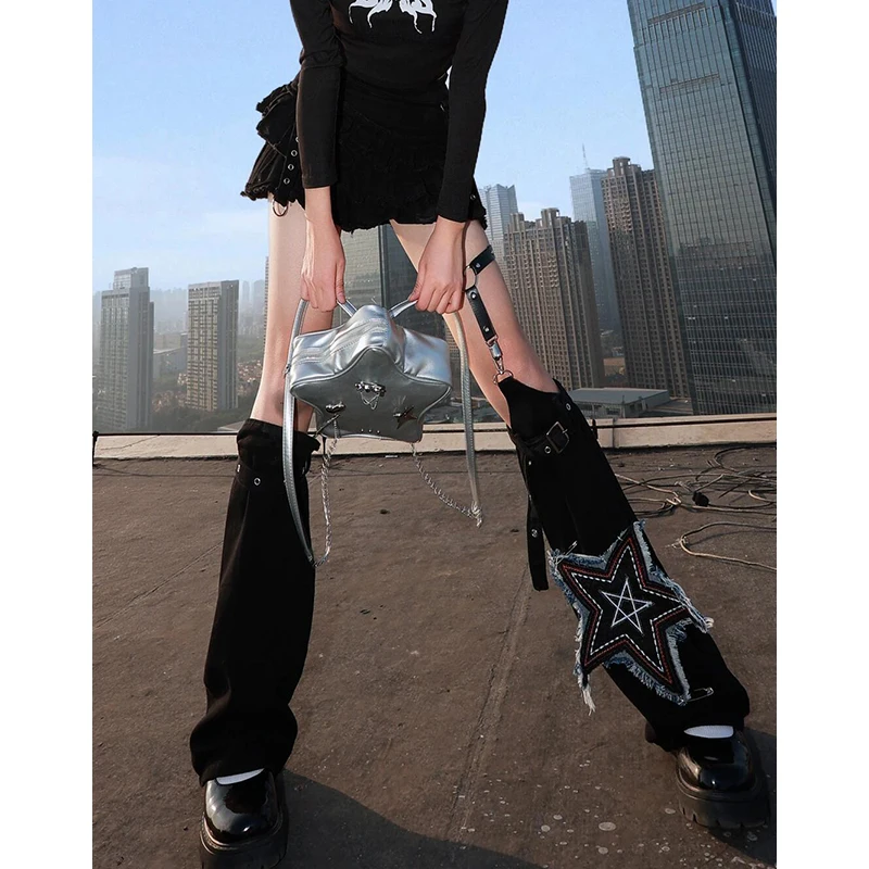 

PBAP Women Star Patched Asymmetric Denim Leg Warmers Black Splice Frayed Boots Cover Belt Thigh Long Socks Grunge Y2k Streetwear