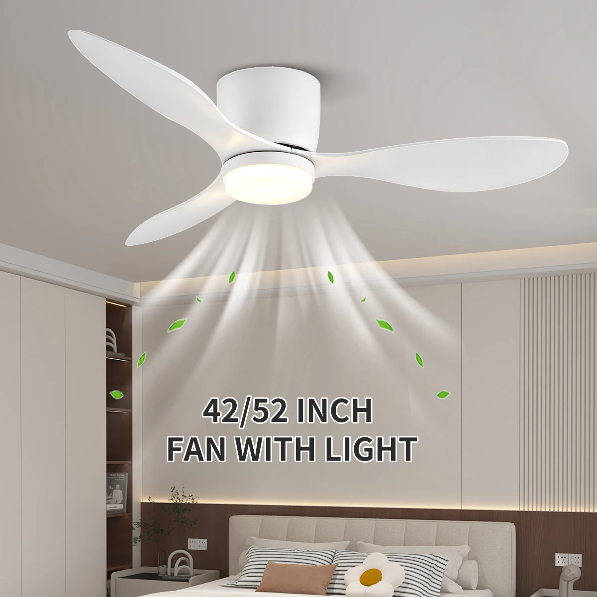 6-speed Intelligent Ceiling Fan Light with Remote Control,3CCT, White/wood Grain Color Bedroom Living Room Courtyard 110v-220v